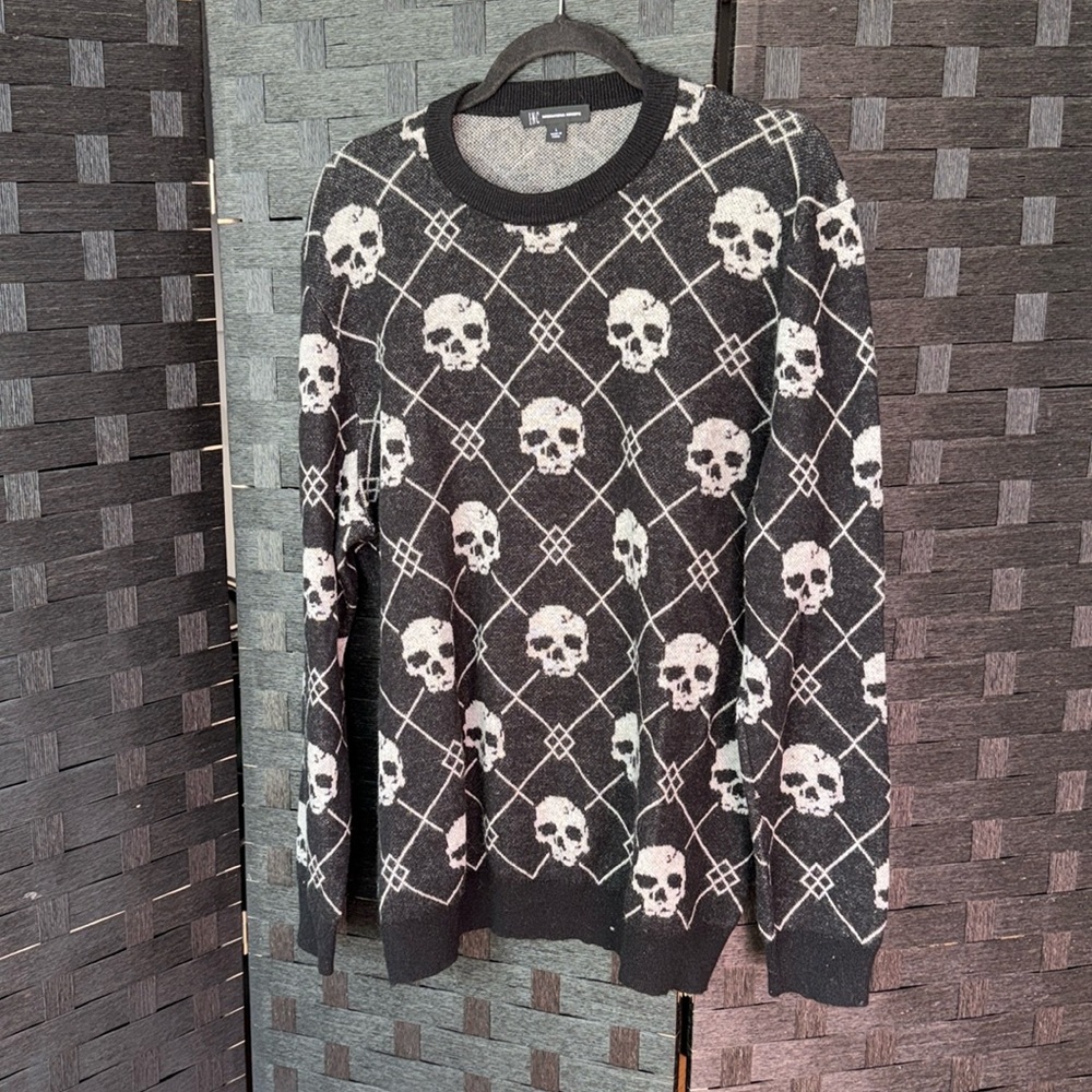 INC Black Crew Neck Sweater With Grey Skull Pattern